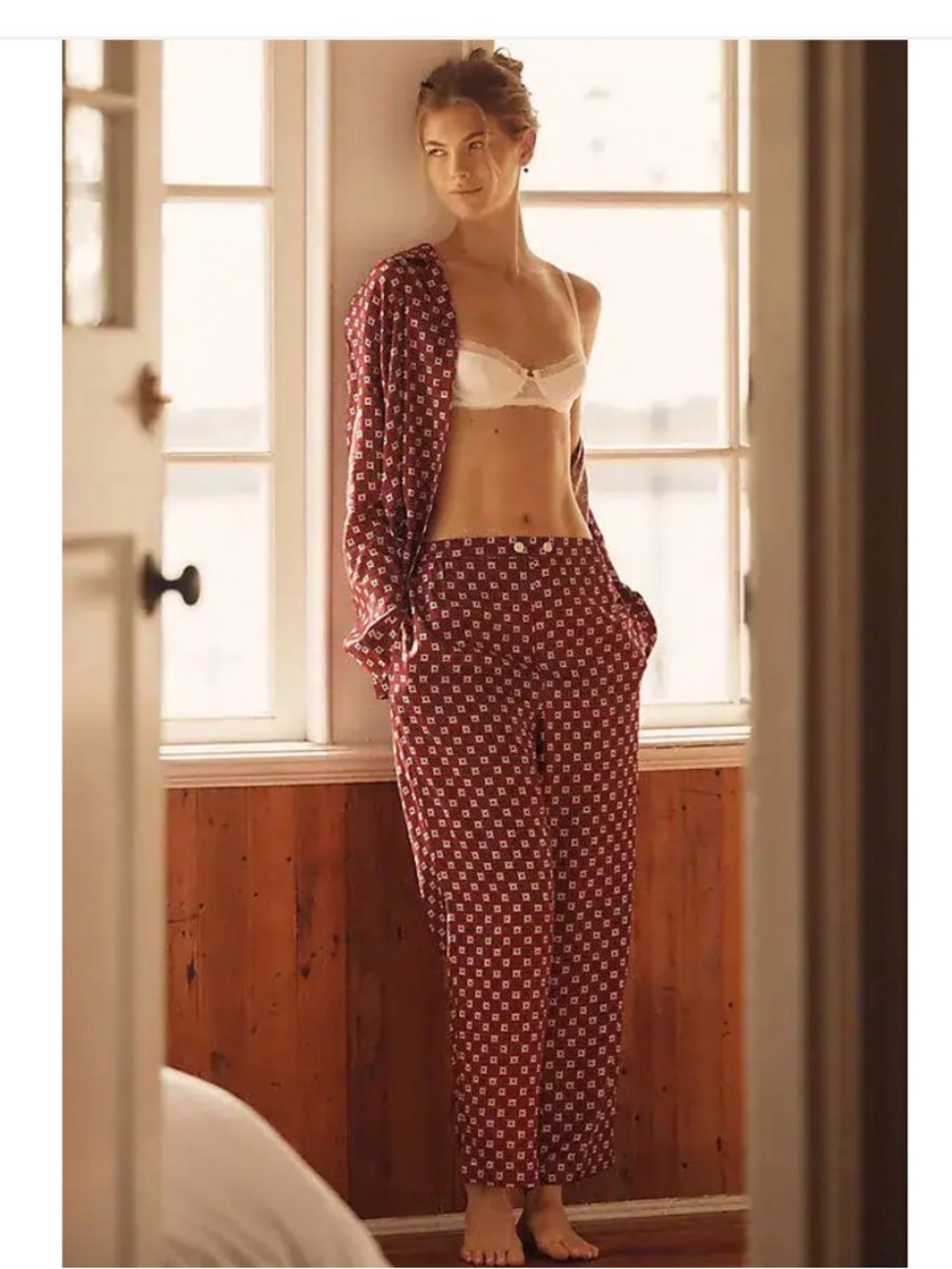 Anthropologie LyreBird Burgundy Long Sleeve Button Down Pajama Set - Small